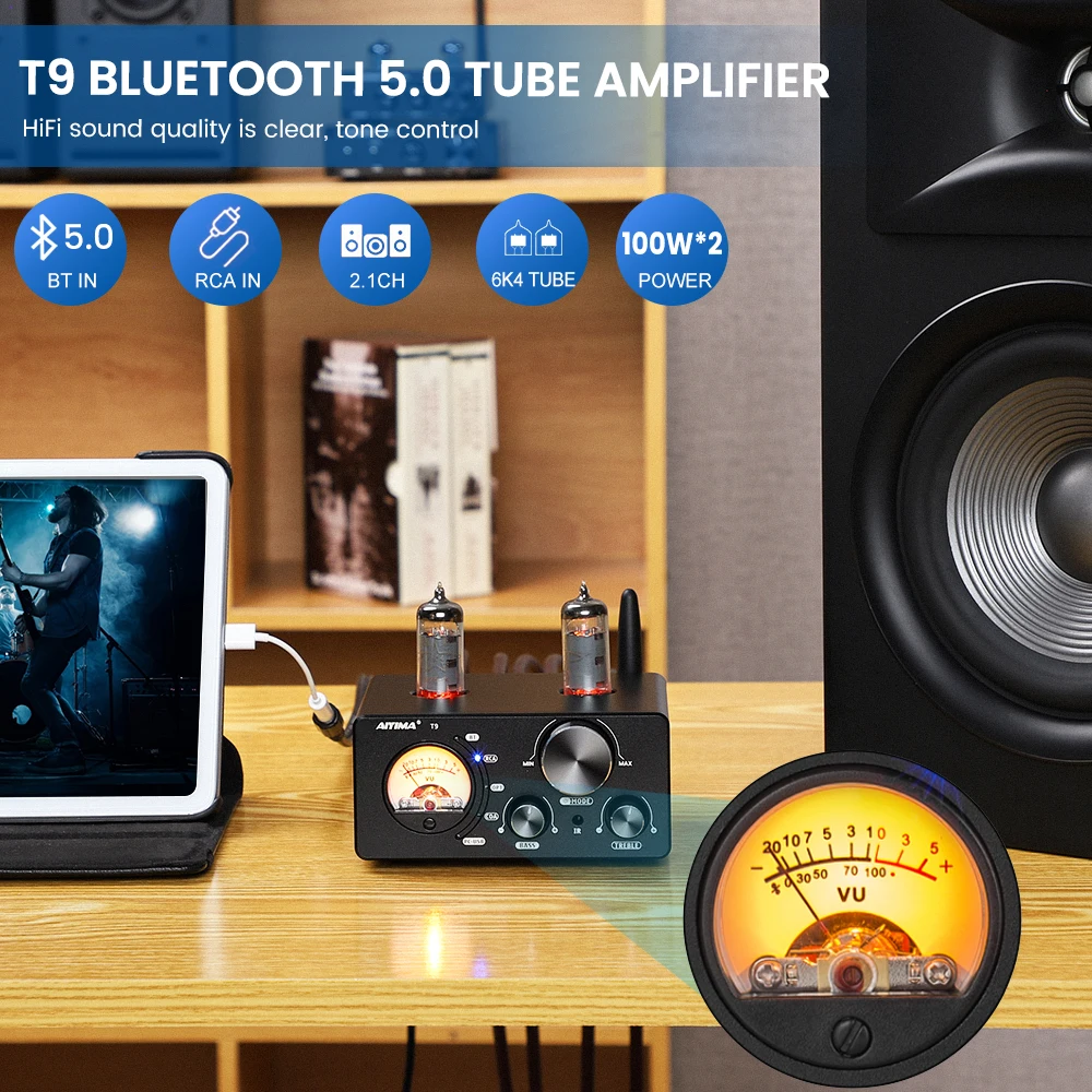 AIYIMA Audio T9 Bluetooth 5.0 Vakuumröhrenverstärker USB DAC Stereoempfänger COAX/OPT HiFi Home Audio Digitalverstärker mit VU Meter 100 W