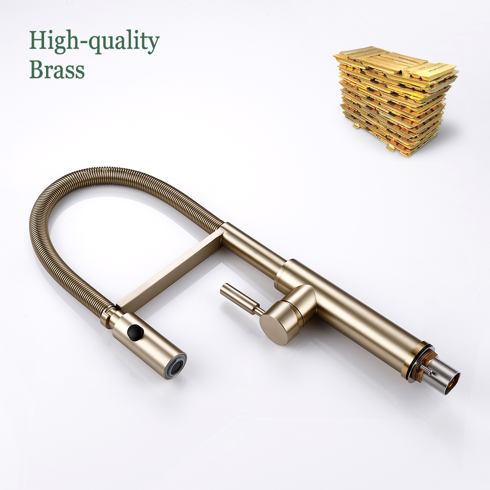 Brushed Gold ก๊อกน้ําห้องครัวเดี่ยวดึงเครื่องผสมอาหารร้อนและเย็นหมุนองศา Water Tap