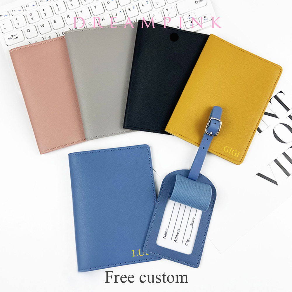 Funda para pasaporte de viaje con logotipo inicial personalizado, etiqueta para equipaje, nombre de fiesta de aniversario de boda, soporte para billetes de regalo, conjunto de accesorios de viaje