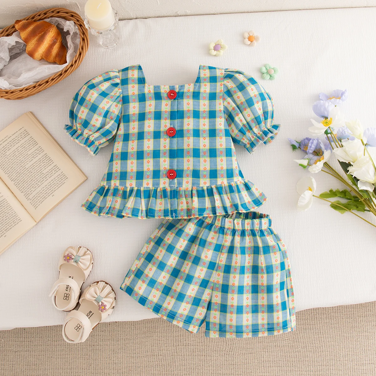 (0-3 anni) Set di top e pantaloncini con maniche a palloncino scozzesi in cotone color cotone per bambina estiva Set di due pezzi stile principessa carino per ragazze