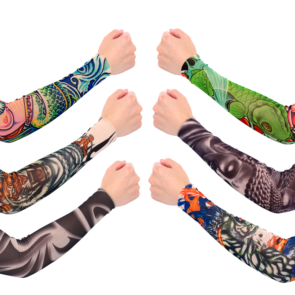 Mangas de tatuaje de simulación para hombres, Kit de tatuaje completo largo antideslizante en el brazo, elástico 92%, tatuajes de nailon, diseño de calavera negra