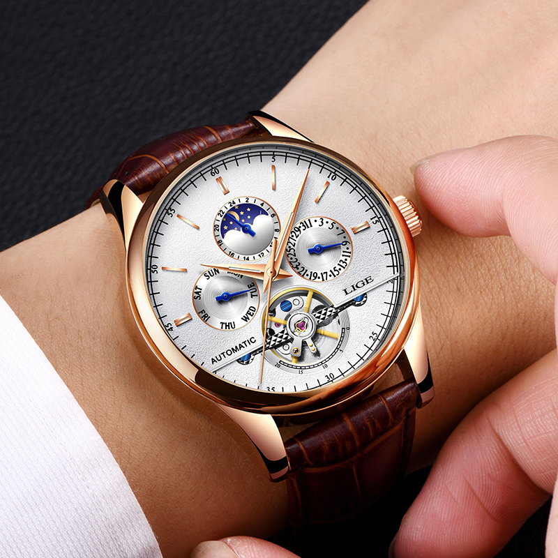 Relojes LIGE 2024 para Hombre, reloj mecánico automático Tourbillon, reloj deportivo de cuero, reloj de pulsera Retro informal de negocios, Relojes para Hombre