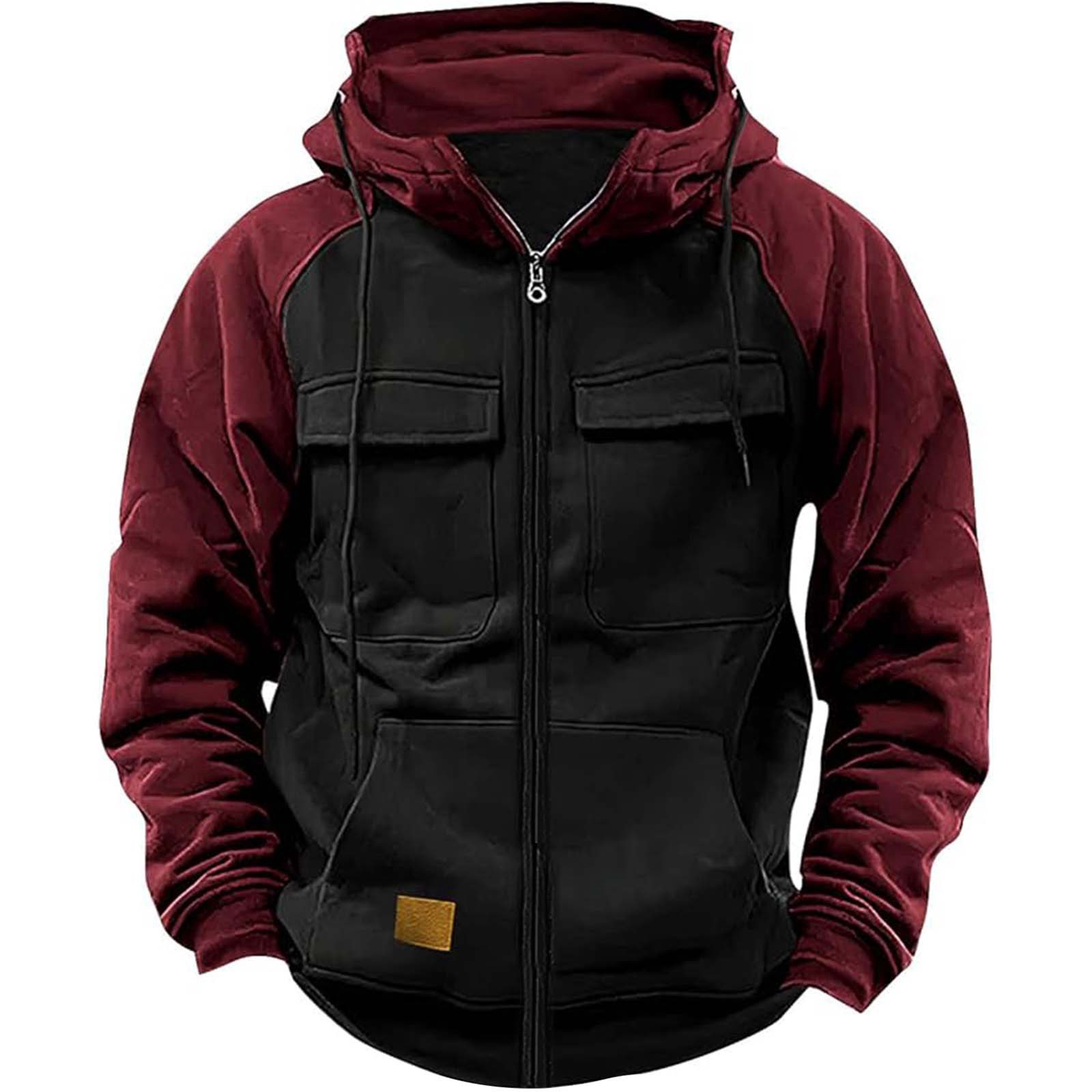 Otoño Invierno sudaderas con capucha hombres cremallera Patchwork cálido polar sudaderas Multi bolsillos moda masculina chaqueta con capucha gruesa al aire libre Sudadera con capucha