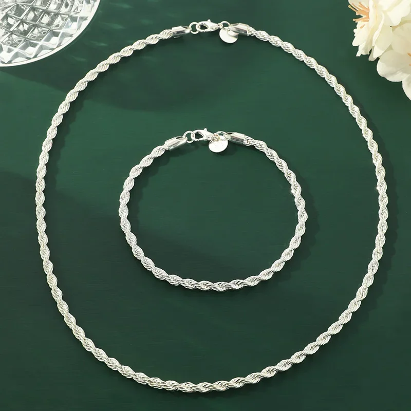 925 Sterling Silber 4mm Kette Männlich Twisted Seil Halskette Armbänder Mode Frauen Männer Silber Hohe Qualität Schmuck Set