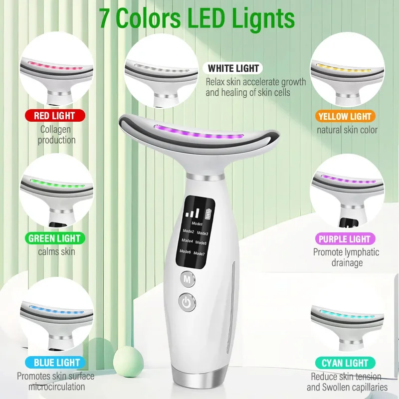 เครื่องนวดหน้าและลำคอ EMS ไมโครเคอร์เรนท์ 7 สี สำหรับการดูแลผิวหน้า ลำคอ และไหล่ พร้อมระบบสั่นสะเทือน