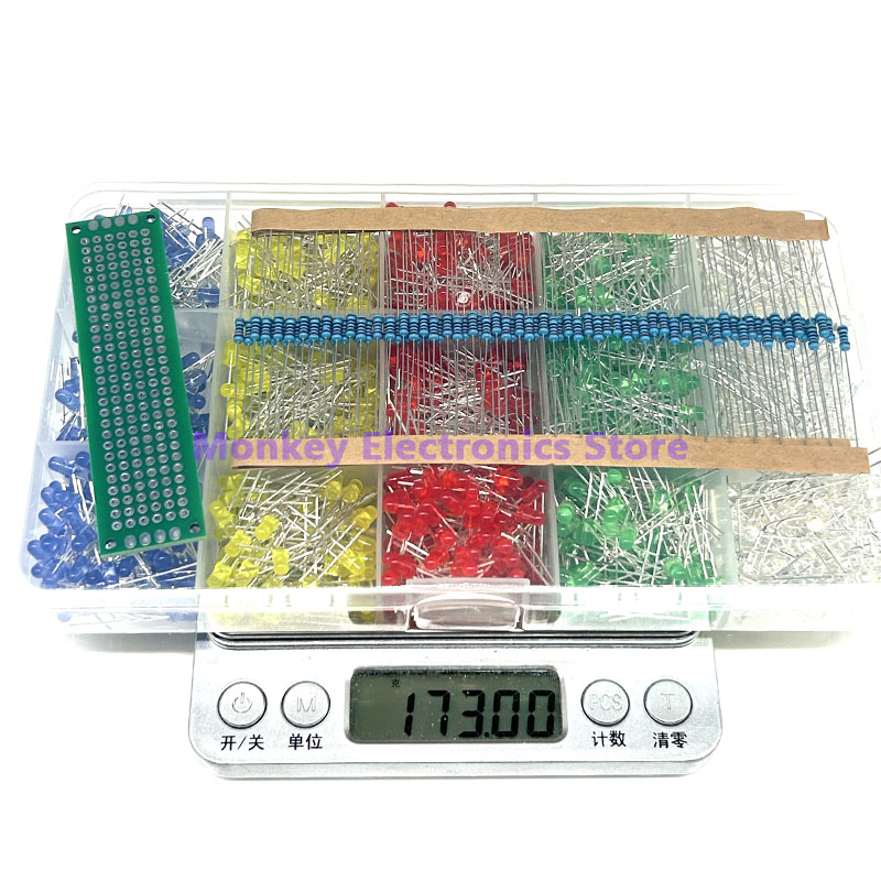 3MM LED light diode F3 component red green yellow white blue 200PCS each 0.25W 220R resistor 100PCS PCB board 2x8 1PCS in box