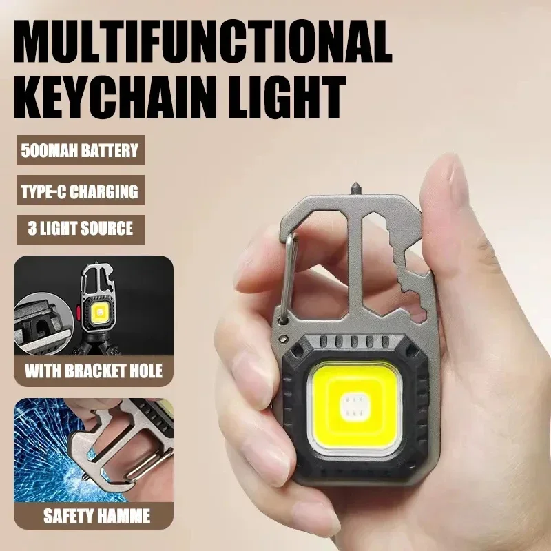 Tragbare Mini-LED-Schlüsselanhänger-Taschenlampe, eingebauter 500-mAh-Akku, Typ-C-Aufladung, Outdoor, Camping, Notfall, Sicherheitshammer, Arbeitslampe