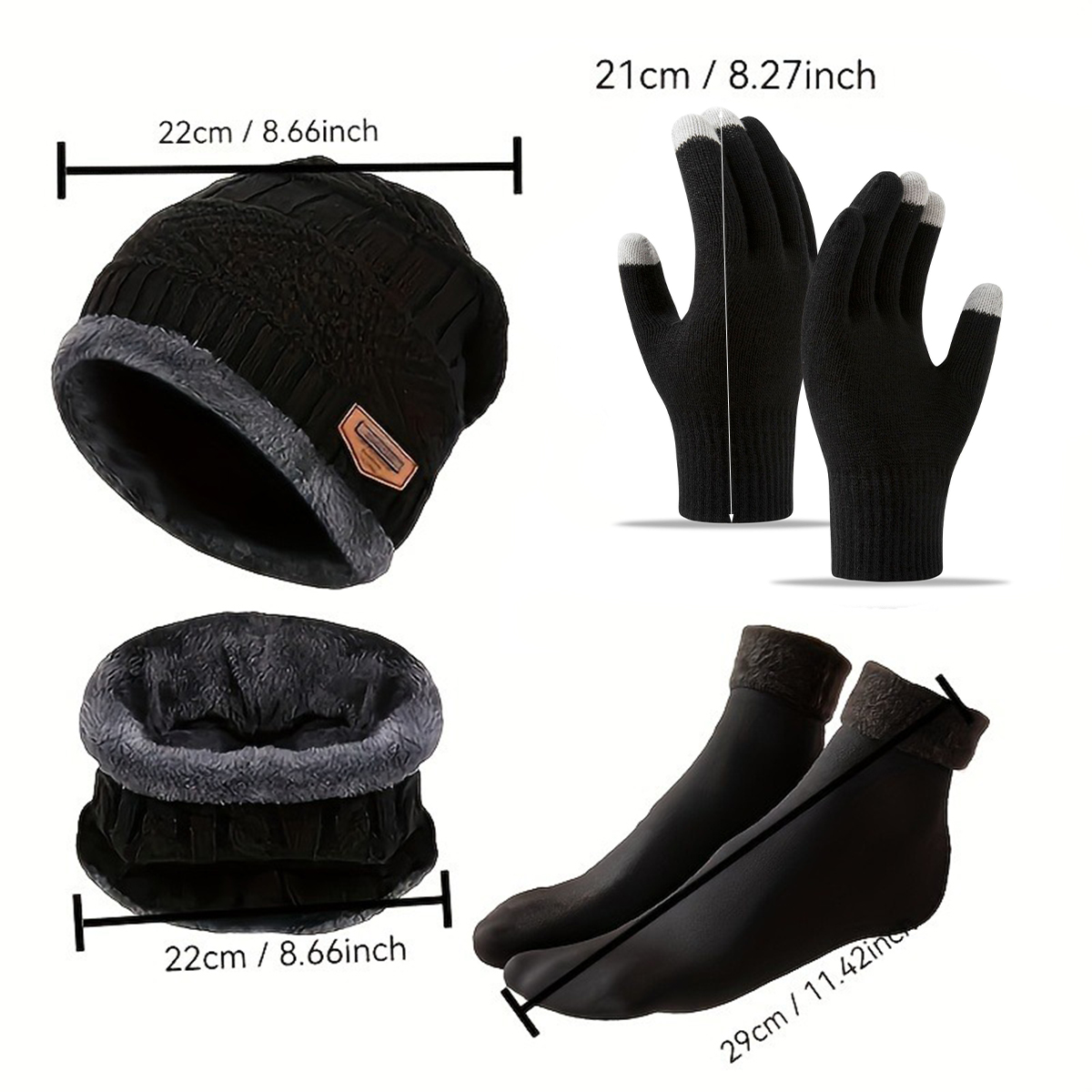 4-Piece Cozy Winter Accessory Set Soft Knitted Beanie glove socks and scarf Hand Washable Stretch Fit, Solid Color Design