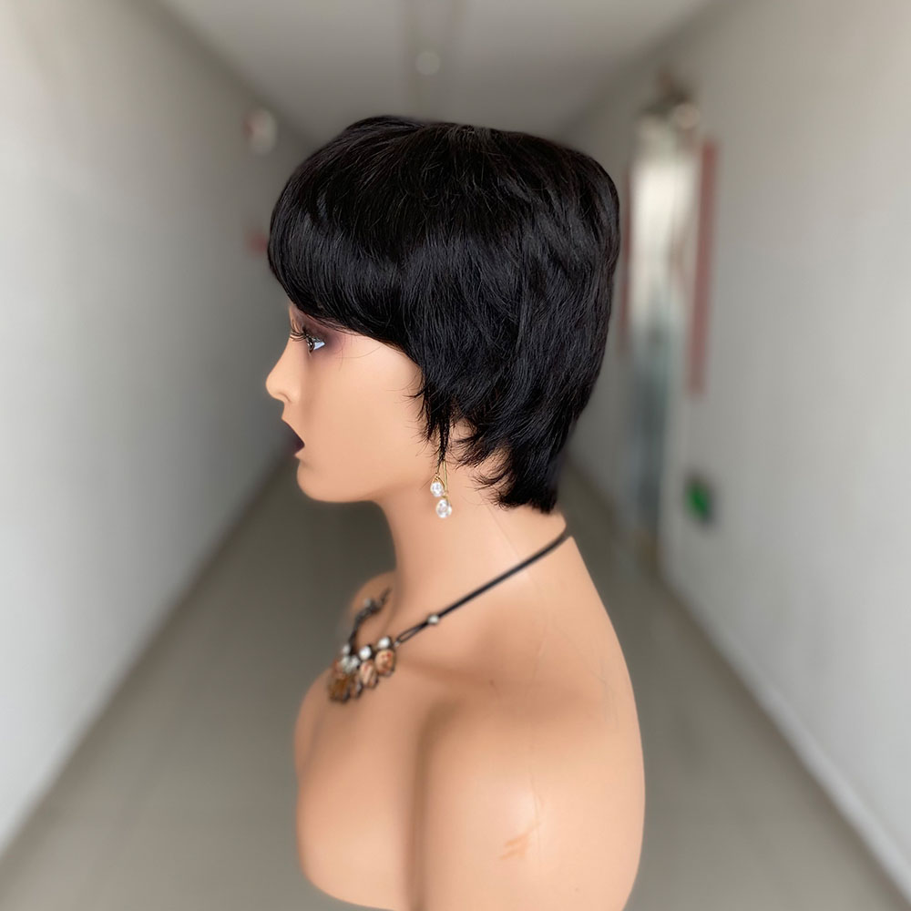Peruca curta de corte pixie, cabelo humano pronto para usar, cabelo humano brasileiro para mulheres, cor preta, máquina completa, perucas curtas e retas