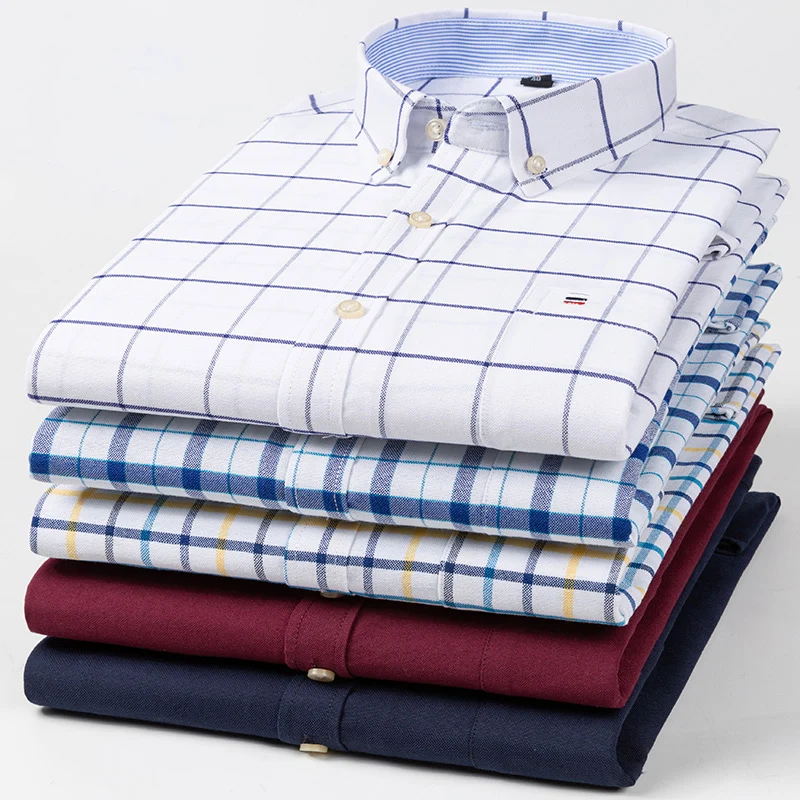 Camisas Oxford 100% de algodón puro para hombre, camisa a cuadros de manga larga a rayas, camisa roja BusinessTartan, ropa de diseñador para hombre