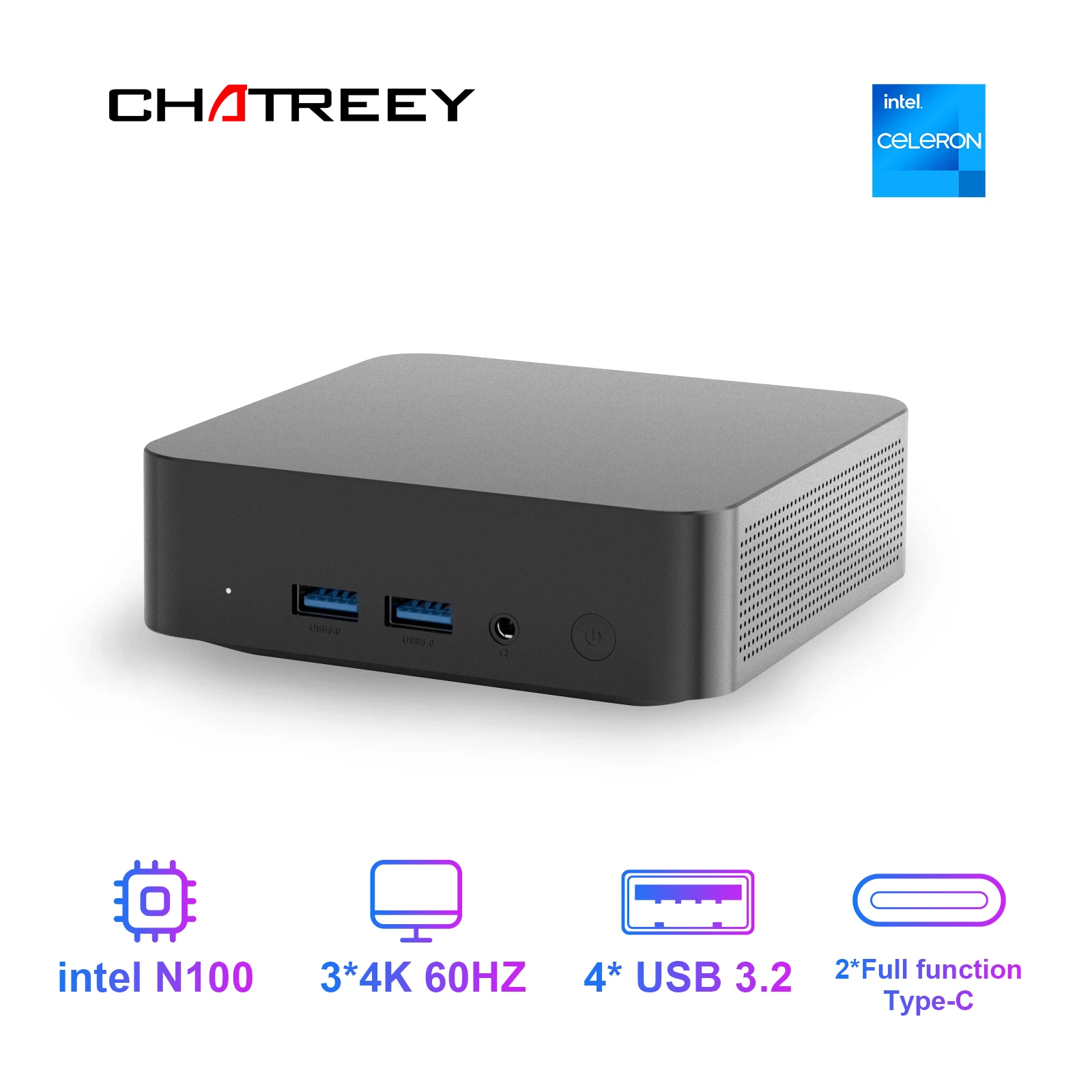 Мини-ПК Chatreey T9 N100 WIFI5 Windows 11, ультрамаленький карманный компьютер, двойной твердотельный накопитель, полнофункциональный выход Type-C, 4K, 60 Гц, RGB