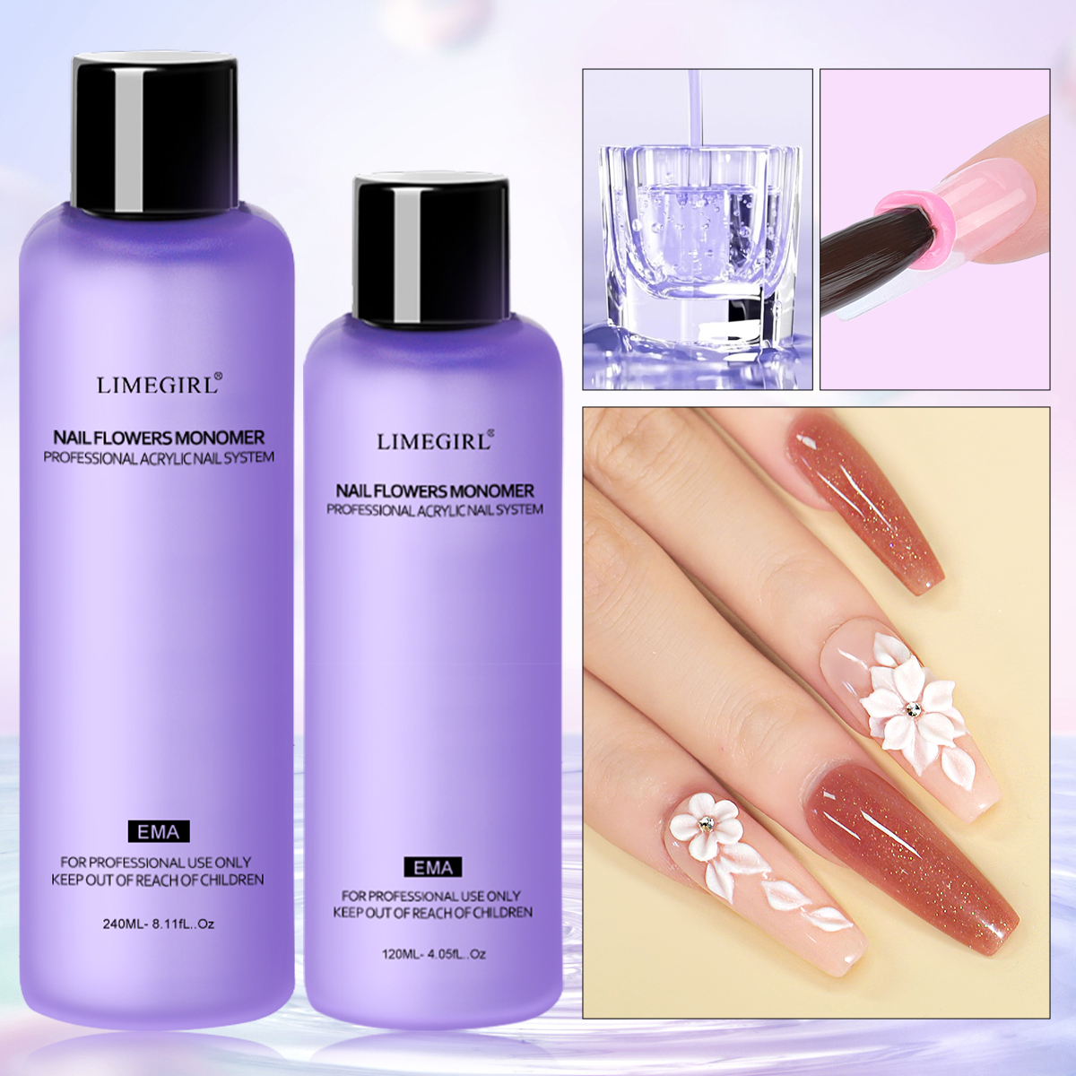 Limegirl-cristal monomero líquido acrílico para uñas, 40ml/75ml/120ml/240ml para decoración de uñas, extensión de polvo acrílico, manicura profesional