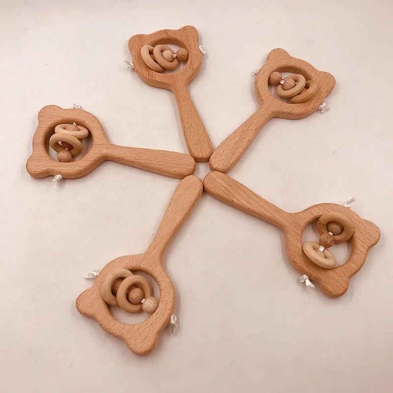 ไม้ Rattle Beech หมีมือ Teething แหวนไม้เด็กทารก Rattles Play GYM Montessori Interactive ของเล่นสําหรับของเล่นเพื่อการศึกษาเด็ก