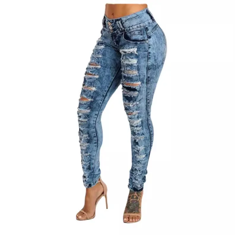กางเกงยีนส์ข้อเท้าความยาวผู้หญิงดินสอ DENIM กางเกง Ripped กระเป๋าเอวสูง Jean Skinny Streetwear ปุ่มล้าง Distressed