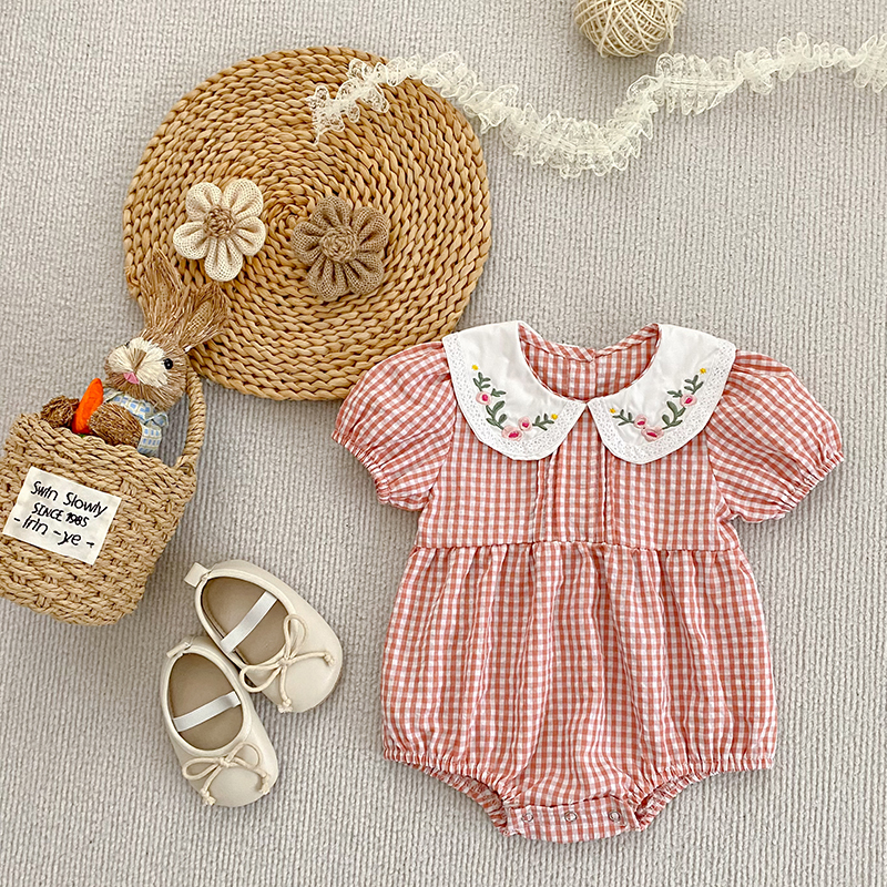 Barboteuse brodée pour bébés filles de 0 à 3 ans, combinaison princesse à grille rose, vêtements d'été pour tout-petits
