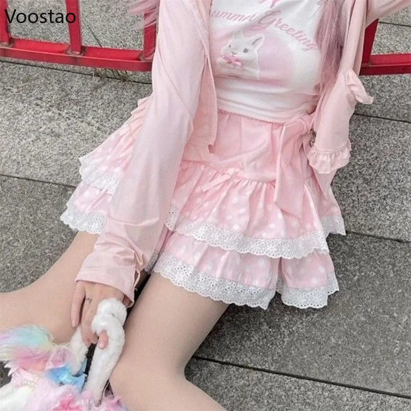 Mini jupe gâteau à volants rose de Style japonais, jupe courte d'été pour femmes, imprimé à pois, jupes à nœud coréen Kawaii pour filles