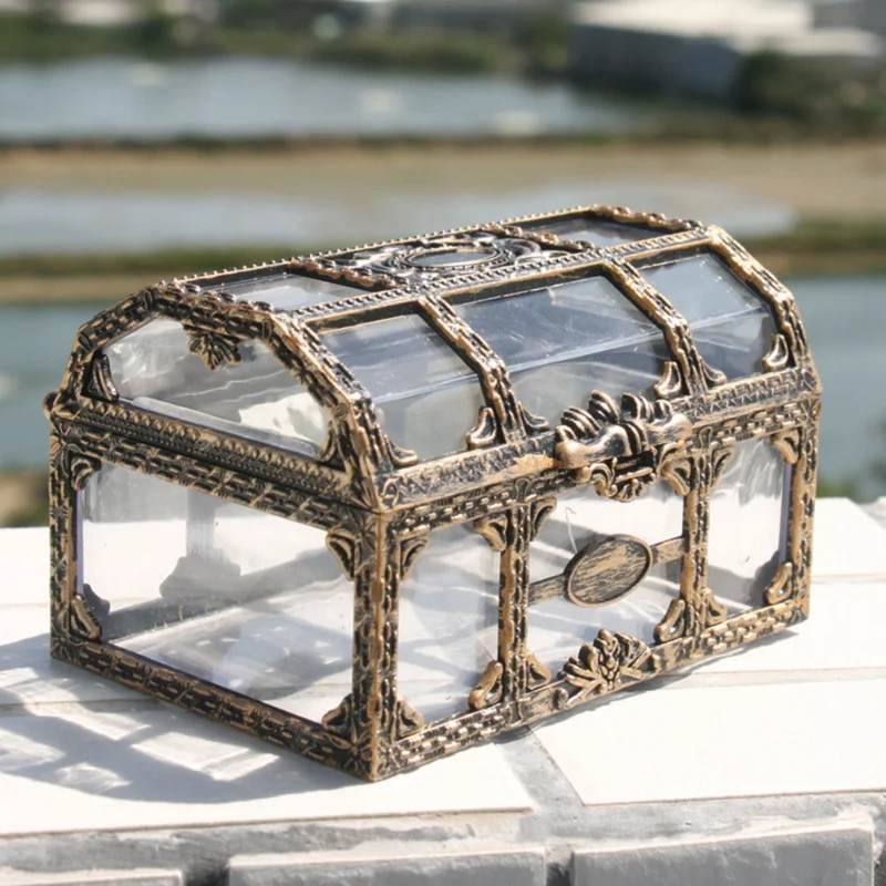 Caja del Tesoro de pirata transparente de plástico, joyero de cristal, organizador de almacenamiento, cofre del Tesoro para joyería, caja de baratijas de gemas, 1 ud.