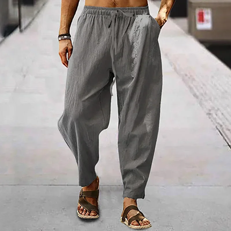 2025 pantalones de lino y algodón para hombre, pantalones de pierna ancha de cintura alta sólidos de verano y otoño, pantalones deportivos informales transpirables de cáñamo sueltos para hombre