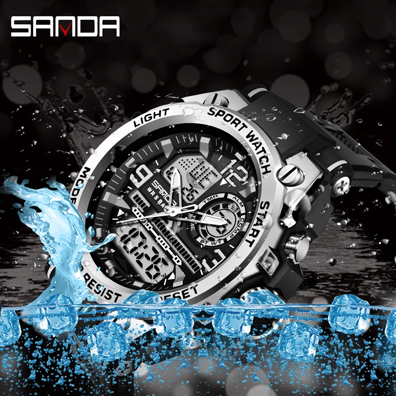 SANDA ผู้ชายกีฬานาฬิกาควอตซ์ Dual Display LED อิเล็กทรอนิกส์นาฬิกาข้อมือดิจิตอลกันน้ํานาฬิกาทหาร Relogios Masculino