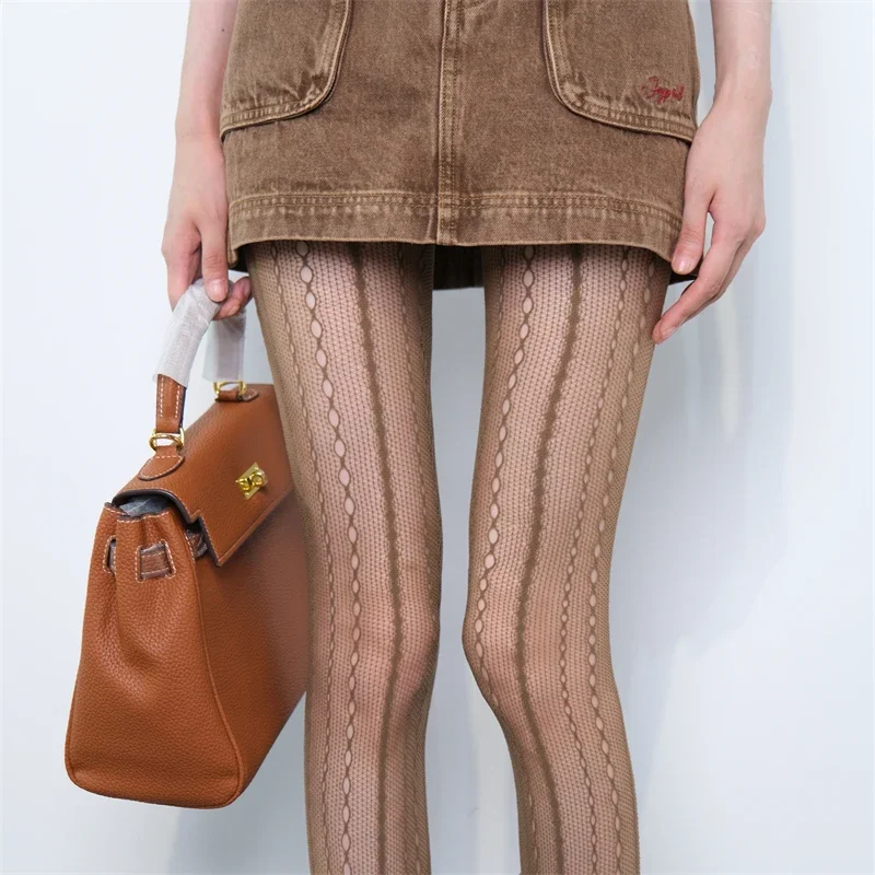 Medias ahuecadas con cadena para mujer, pantimedias de rejilla de encaje transpirables de malla de estilo Retro americano de Jacquard transparente, color negro