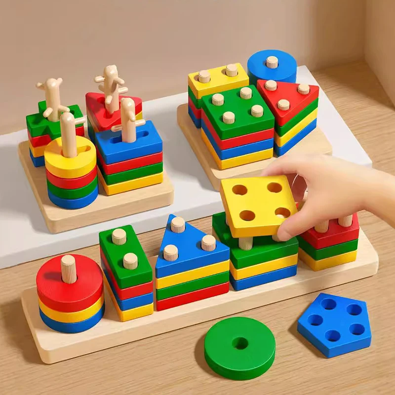 Juguetes de bloques de madera Montessori para niños, rompecabezas de bloques clasificadores de colores con formas geométricas, clasificación de ladrillos matemáticos, juguetes apilables