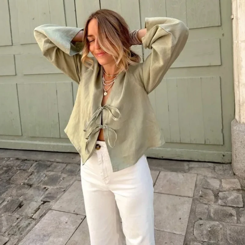 ALOBEE-elegante camisa de manga longa para mulheres, tops soltos, renda para cima, laço de lazer, confortável, rua, fêmea, verão, novo, 2022