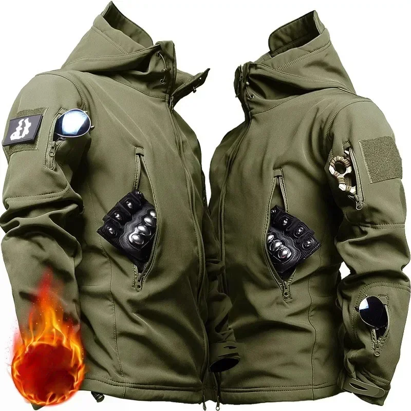 Traje de camuflaje de invierno para hombre, conjunto táctico cálido de concha suave de lana impermeable, ropa de caza gruesa para senderismo al aire libre, combate a prueba de viento
