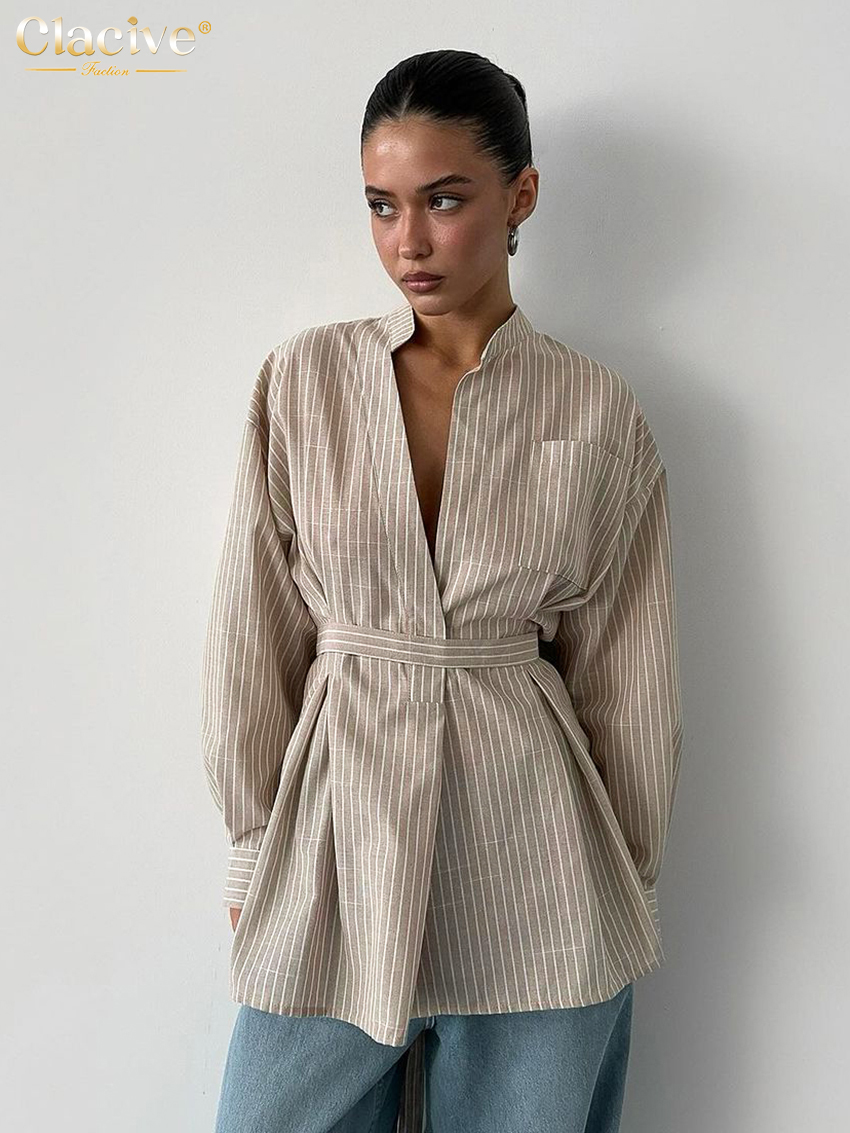 Clacive-camisas holgadas Vintage a rayas marrones para mujer, camisa de manga larga con cuello levantado a la moda, Top clásico elegante, ropa femenina 2025