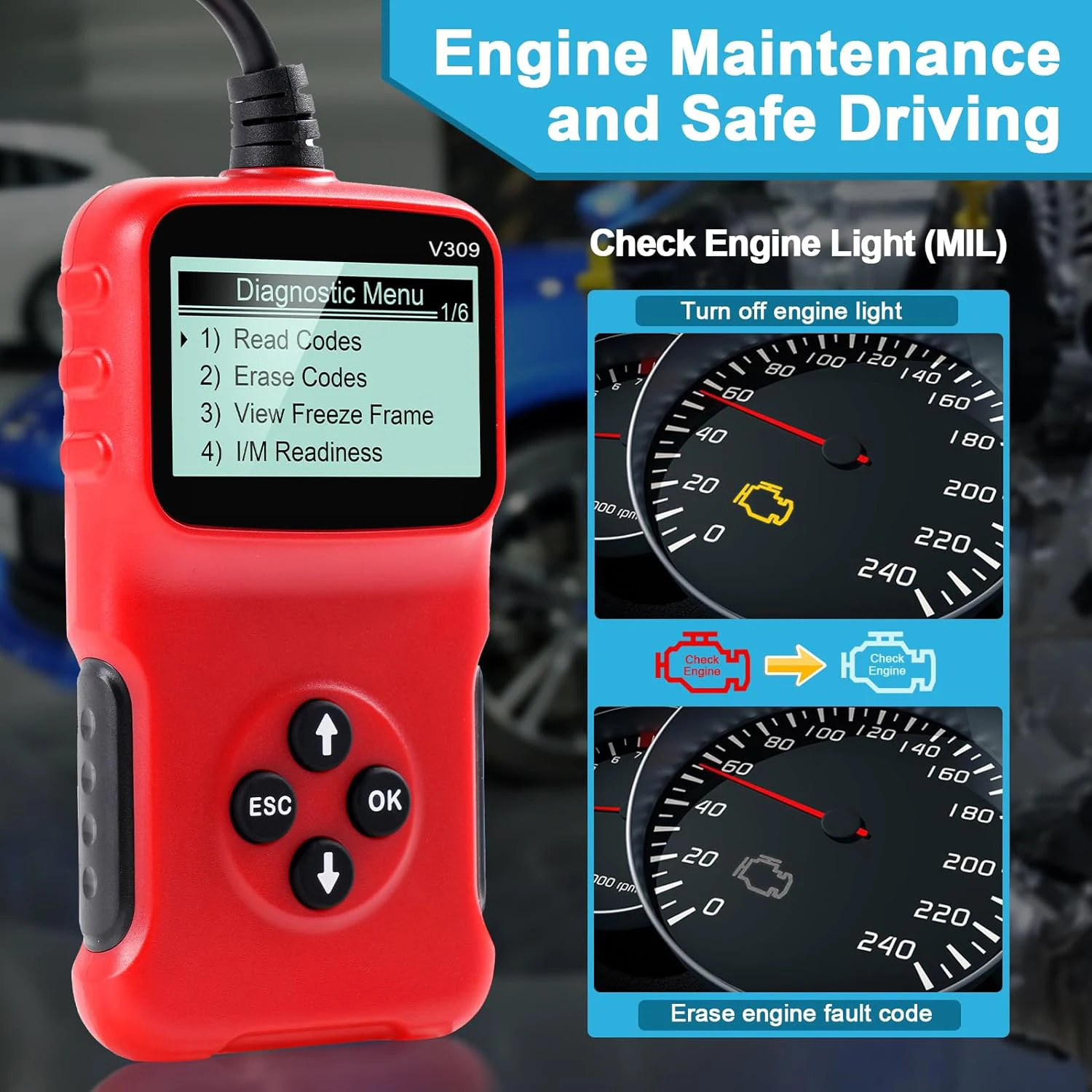V309 obd2 scanner diagnóstico automotivo troubleshooter leitor de código de problemas do motor automotivo obd2 verificar luzes do motor