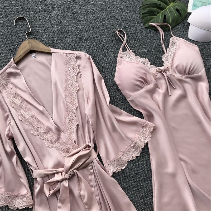 2 pçs leepwear feminino pijamas conjunto de cetim casa pyjamamas renda robe sono terno com decote em v casamento pijamas usar nighty & robe