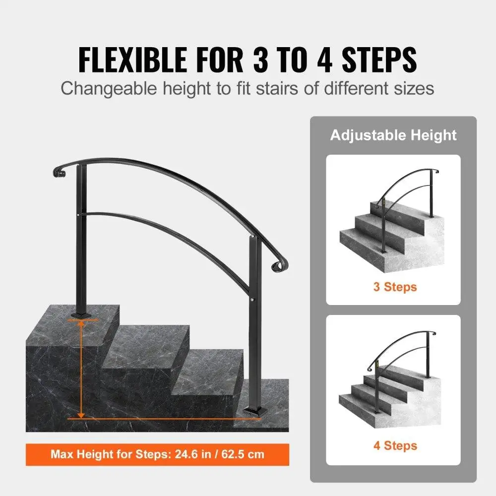 4FT Adjustable Matte Black Wrought Iron Handrail for 4 Steps - Customizable Transition Support