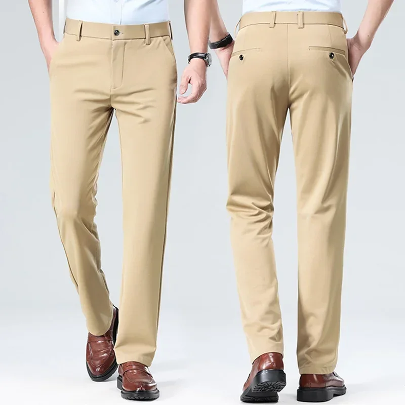 Pantalones de traje para hombre 2024, pantalones de vestir ajustados elásticos, pantalones de negocios sólidos informales sueltos de pierna recta, ropa para hombre de gran tamaño 29-42