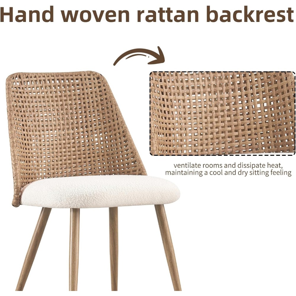 Rattan Dining Chairs Set of 4,Accent Upholstered Boucle Kitchen Room Chairs,Mid Century Modern Dining Room Chairs