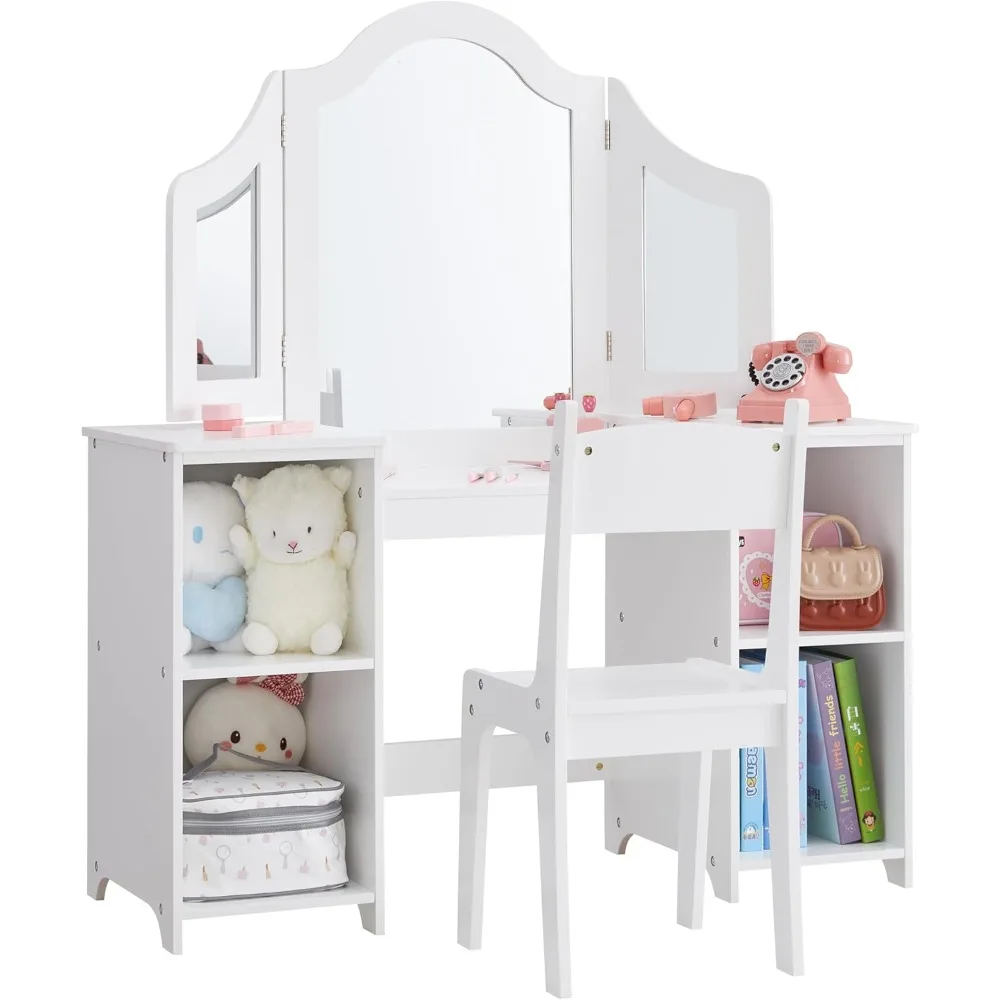 "2-in-1 Kids Vanity Set with Storage Cabinet & Detachable Top – Includes Tri-Fold Mirror for Girls’ Princess Makeup Play"
