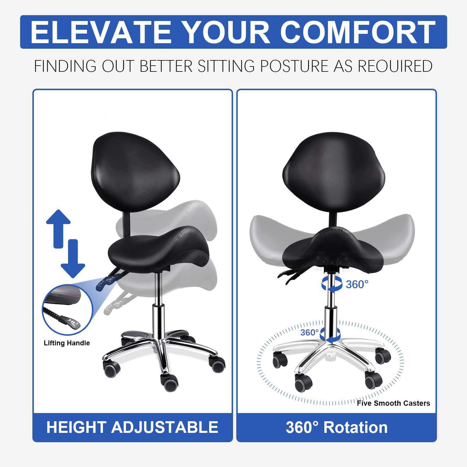 Ergonomic Rolling Saddle Chair Height Adjustable with Wheels and Backrest, Professional Salon Chair for Hair Stylist and Spa