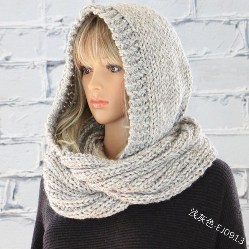Vrouwen Modieuze Bib Met Capuchon Effen Kleur Wollen Muts Sjaal Casual Herfst Winter Effen Kleur Warm Gebreide Sjaal Cap Hals Wrap