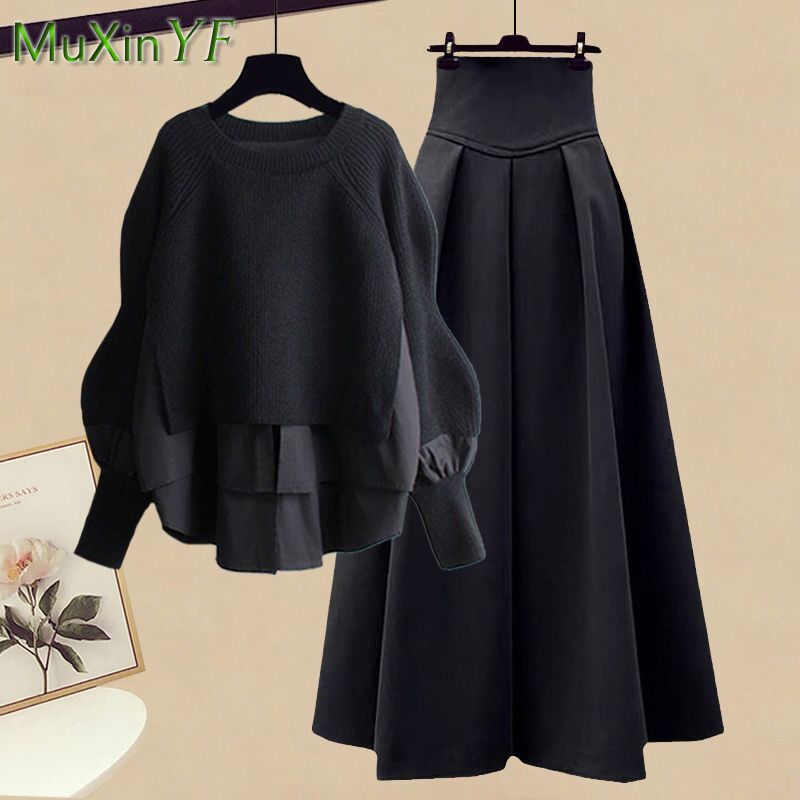2025 PRIMAVERA/otoño nuevo coreano elegante empalme falso dos piezas suéter de punto vestido conjunto a juego conjunto de falda Jersey elegante para mujer