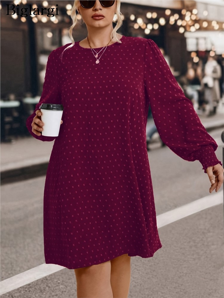 Plus Größe Herbst Polka Dot Stickerei Midi Kleid Frauen Mode Rüschen Gefaltete Damen Kleider Lose Lange Hülse Frau Kleid