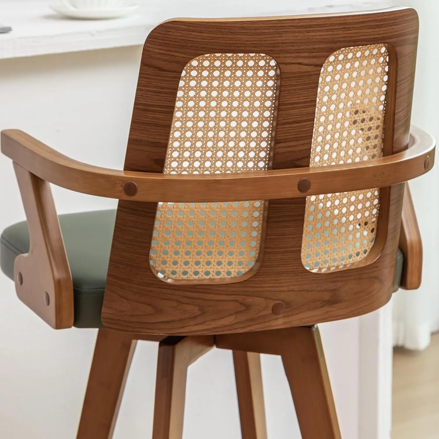 Set of 2 Bar Stools - 27 inch Swivel Rattan bar stools with Cane Back, Curved Arms,Adjustable Bamboo Legs,Walnut Green