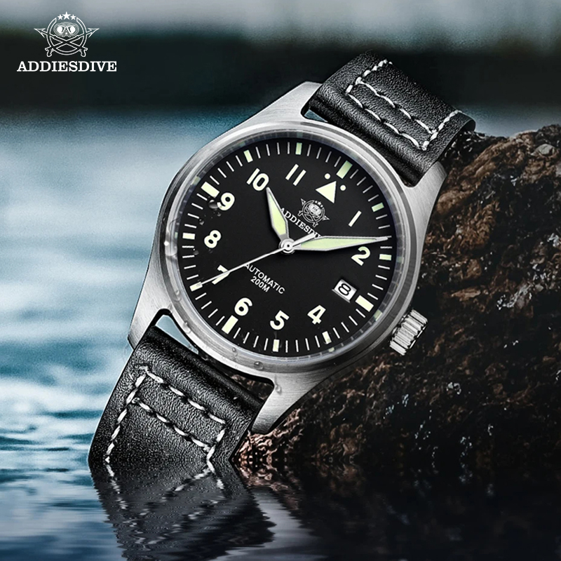 ADDIESDIVE-reloj automático de acero inoxidable NH35 para hombre, cronógrafo luminoso de cuero, para buceo, 200m, NH35