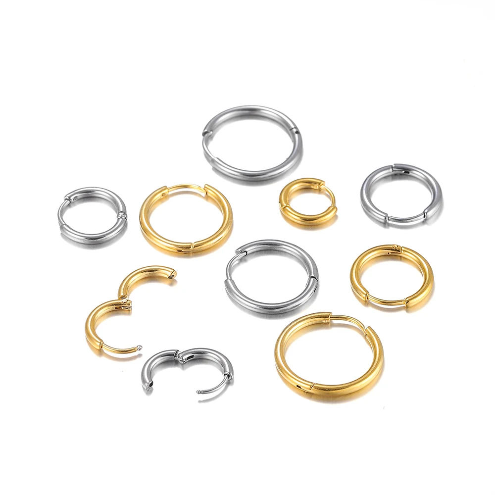 Brinco de argola circular de aço inoxidável 10 tamanhos, cor dourada, brincos geométricos redondos, descobertas de joias para fazer jóias de brinco diy