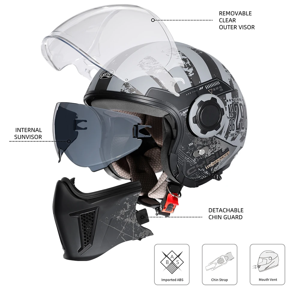 Casco Para Motos Casco de motocicleta de cara abierta para hombre y mujer, protector de cabeza Modular de doble lente, aprobado por DOT ECE, CYRIL OP12A, Retro