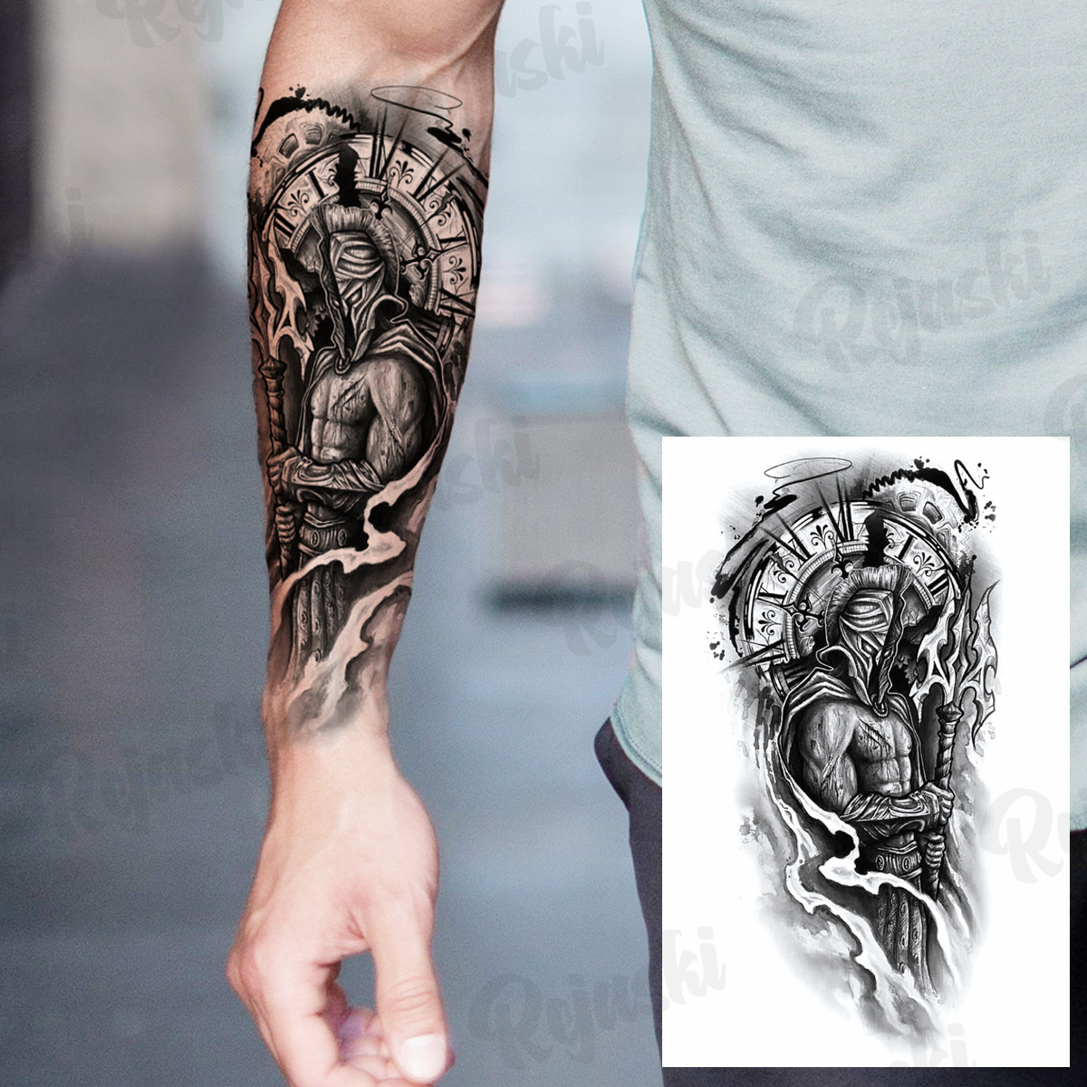 Tatuajes temporales con brújula de caballero grande para hombres y mujeres, tatuaje realista de águila, dragón, León, tigre, tatuaje falso aterrador, tatuajes para el cuerpo y el brazo