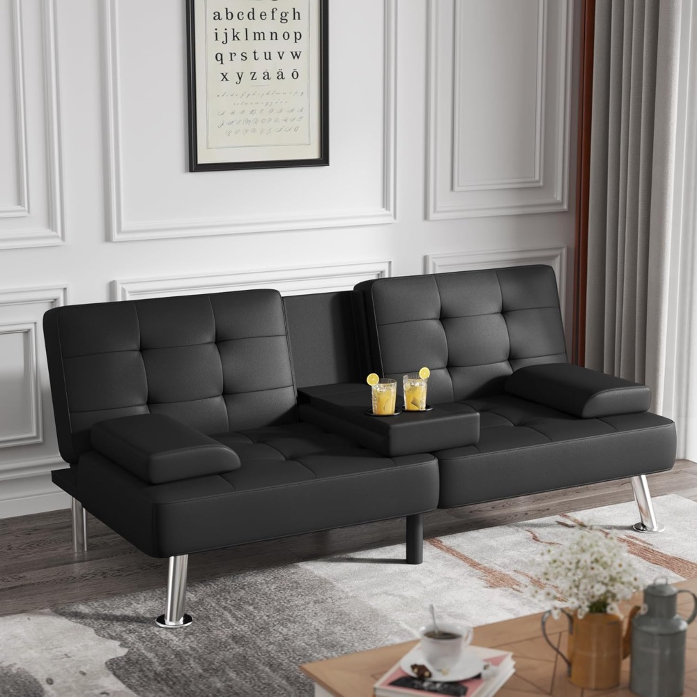 Futon Sofa Bed, Modern Folding Futon Set, Convertible Lounge Chair, Suitable for Living Room with 2 Cup Holders