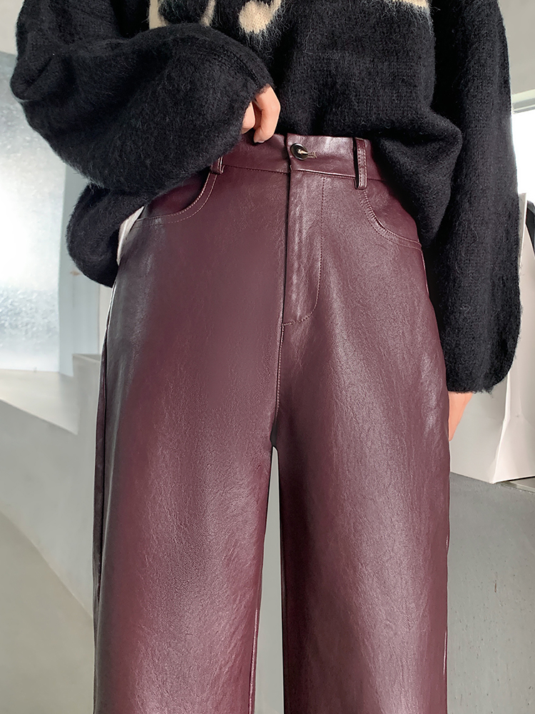 QOERLIN automne hiver pantalon en cuir PU femmes élégant taille haute poches Faux cuir sarouel femme dos taille élastique pantalon