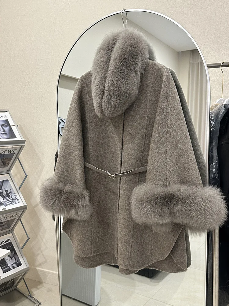 4 farben Frauen Winter Warme Luxus Fuchs Pelz Poncho Mantel Mit Gürtel Zwei Seite Kaschmir Europäischen Lange Strickjacke Woolen Lose Mantel