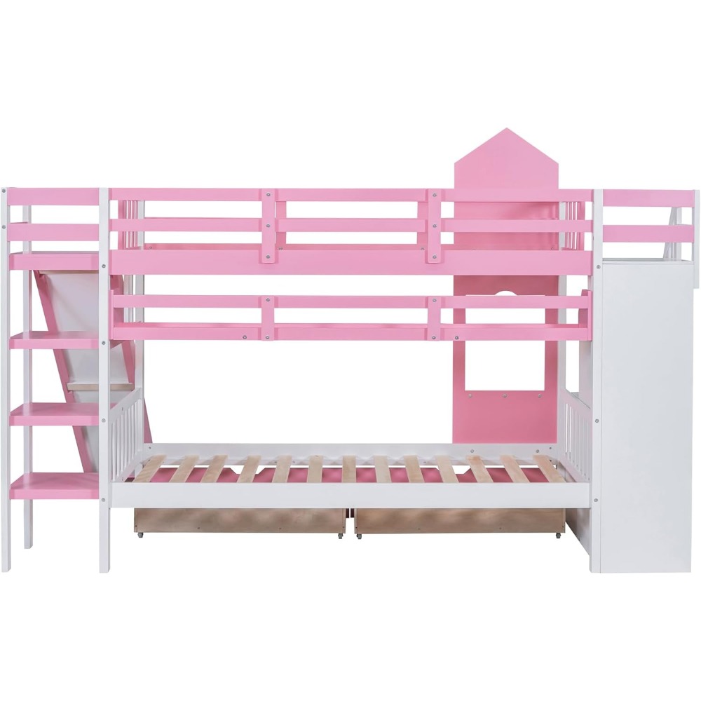 Twin Over Twin Bunk Bed with Storage and Drawers for Kids Boys Girls Solid Wood Bunk Bed with Slide and Staircase
