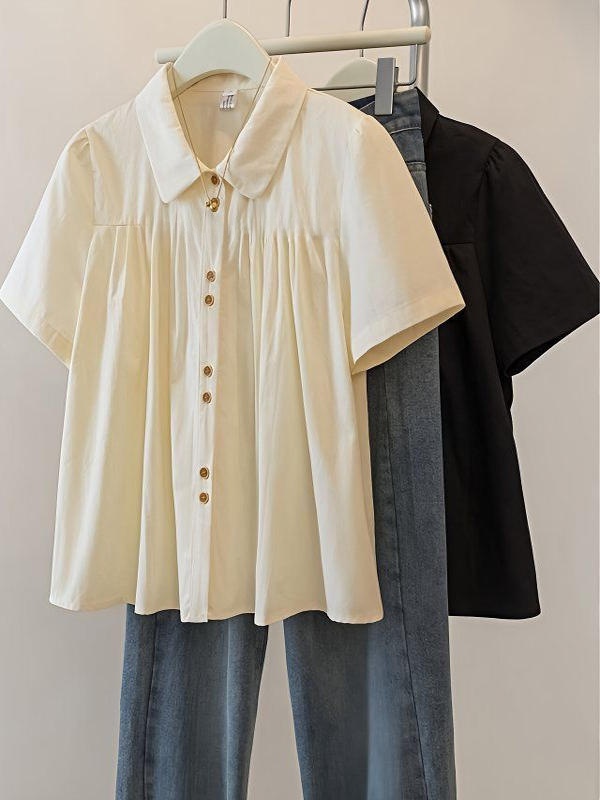 Csa Fena Plus Size de Manga Curta para o Verão, Estilo Slimming que Disfarça o Corpo, Simples e Solta, Gola  em Co...