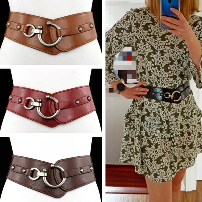New Fashion Elastic Wide Belt Strap Vintage Women Faux Leather Buckle Elastic Wide Belt Strap Solid Color Waistband