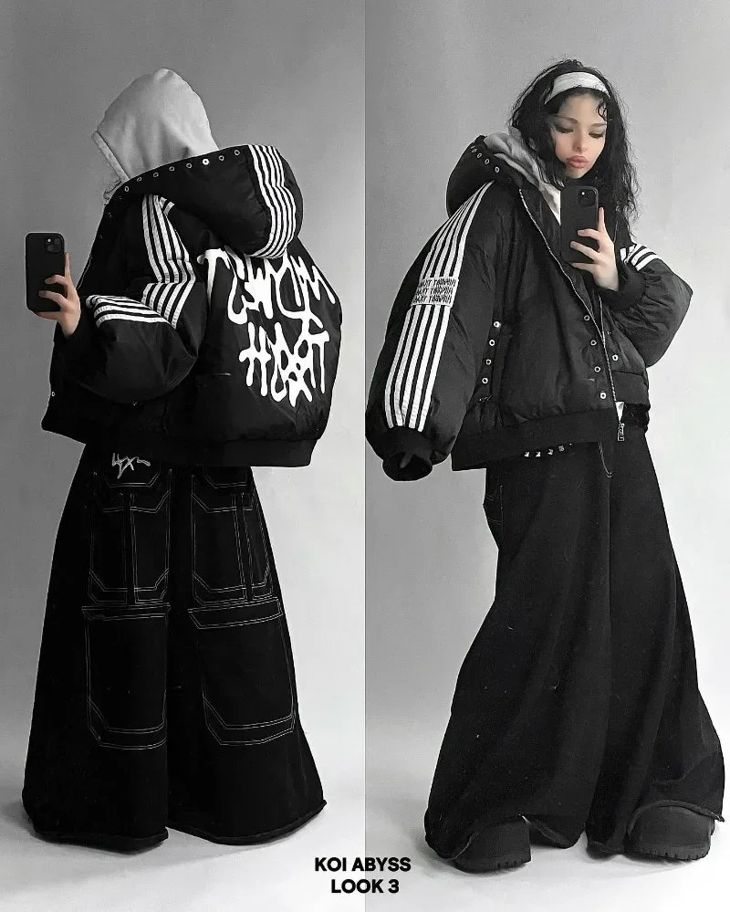 Hip hop tendência harajuku listrado solto casaco com zíper quente algodão-acolchoado jaqueta nova moda rua personalidade masculina jaqueta de inverno
